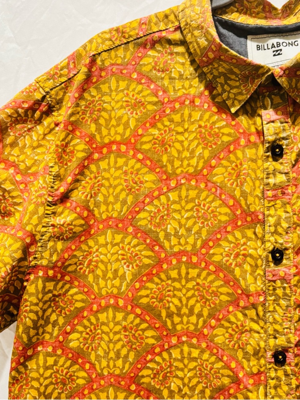 Billabong Vintage Button-Down Short Sleeve Men's Cotton Shirt Yellow Orange XL - Picture 4 of 5